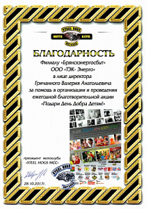 Благодарность филиалу "Брянскэнергосбыт" ООО "ТЭК-Энерго" за помощь в организации и проведении ежегодной благотворительной акции "Подари День Добра Детям!"